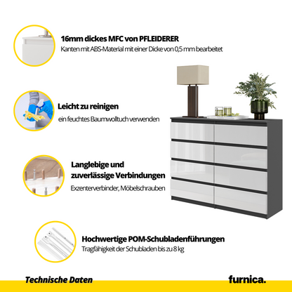 GABRIEL - Kommode / Sideboard mit 8 Schubladen - Anthrazit / Weiß Gloss H92cm B120cm T33cm