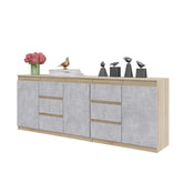 MIKEL - Kommode mit 6 Schubladen und 3 Türen - Schlafzimmer Kommode Aufbewahrung Schrank Sideboard - Sonoma Eiche / Beton-Optik H75cm B200cm T35cm