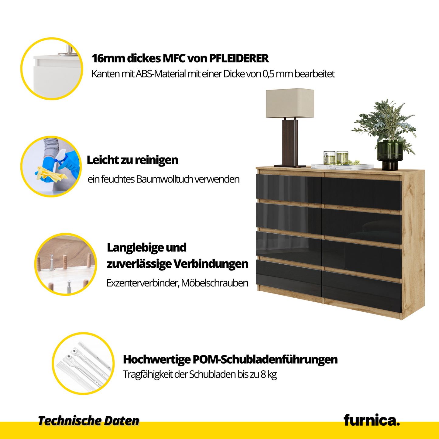 GABRIEL - Kommode / Sideboard mit 8 Schubladen - Wotan Eiche / Schwarz Gloss H92cm B120cm T33cm