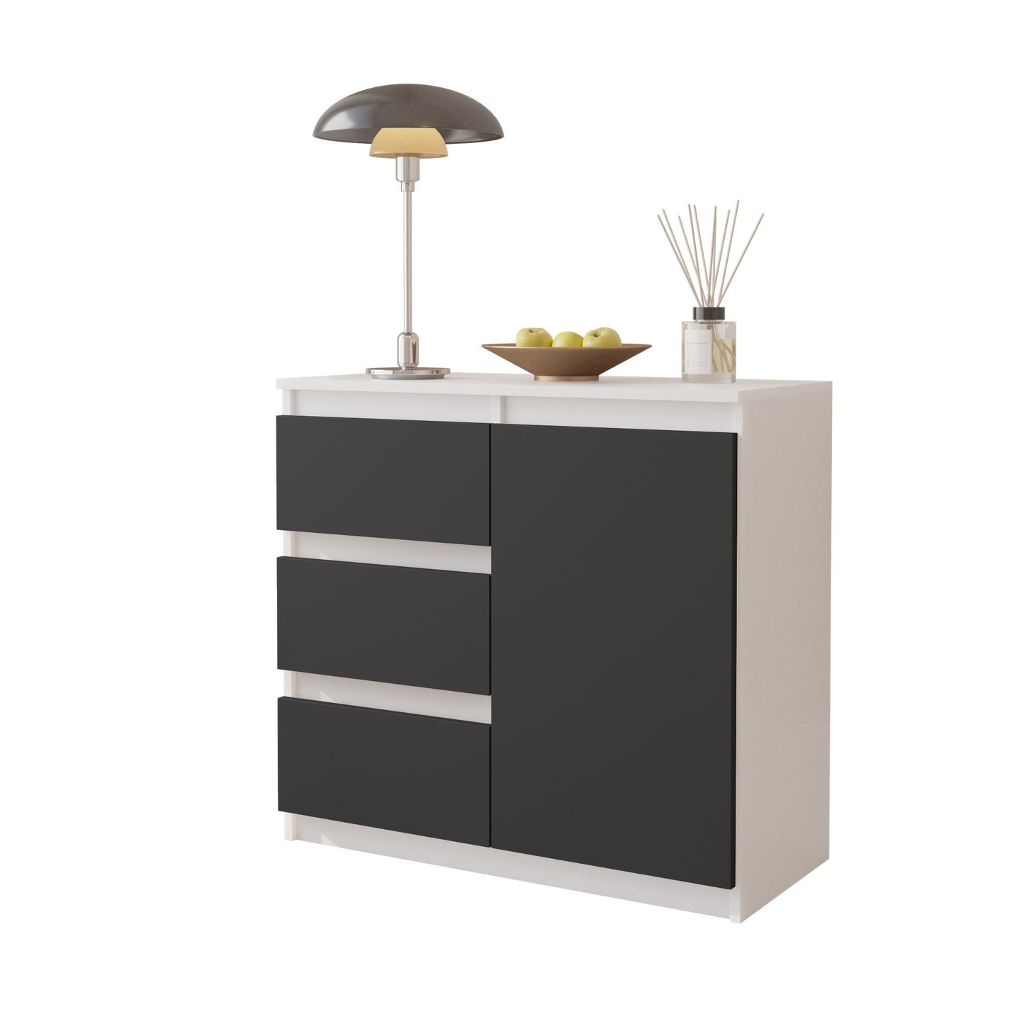 MIKEL - Kommode / Sideboard mit 3 Schubladen und 1 Tür - Weiß Matt / Anthrazit Grau H75cm B80cm T35cm