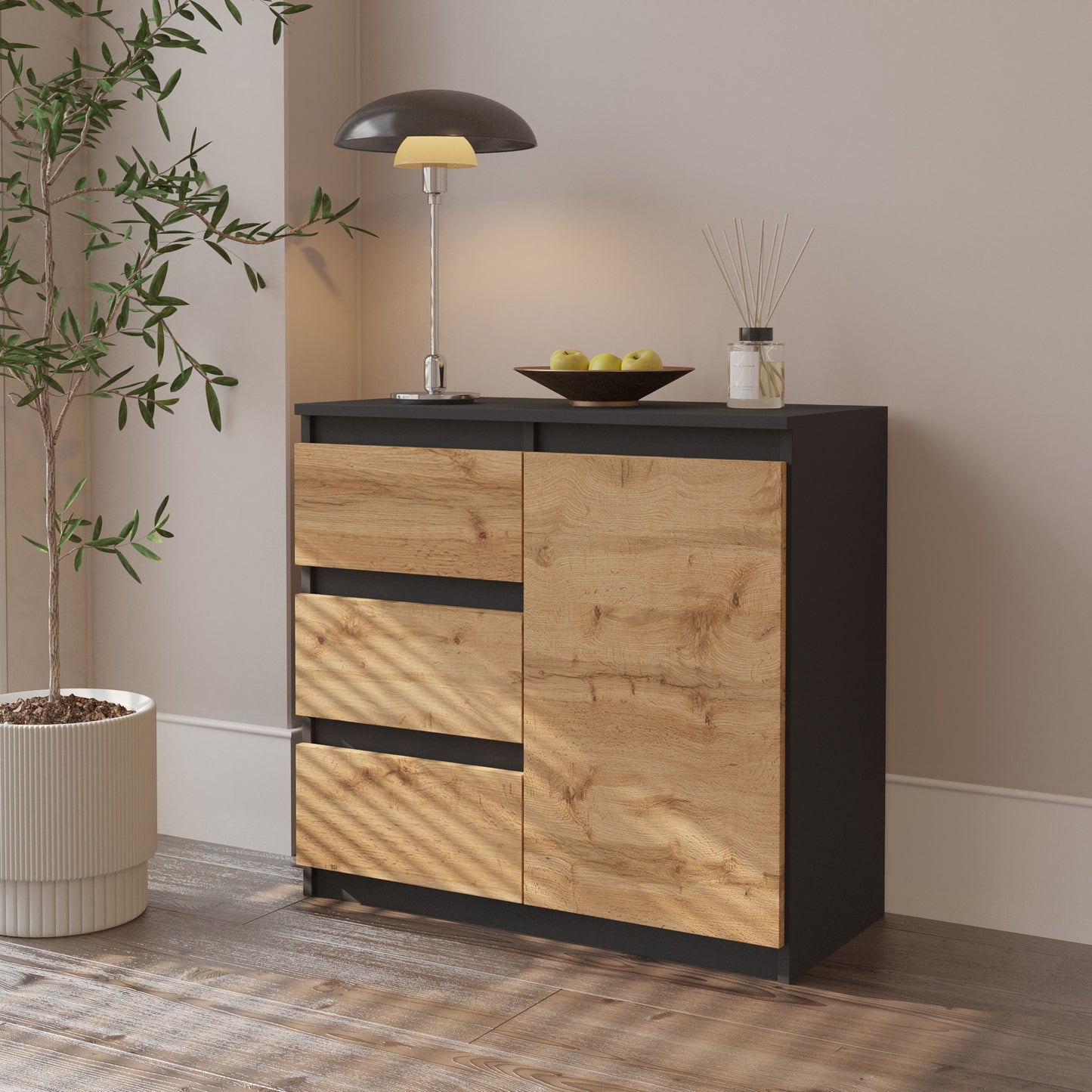 MIKEL - Kommode / Sideboard mit 3 Schubladen und 1 Tür - Anthrazit Grau / Wotan Eiche H75cm B80cm T35cm