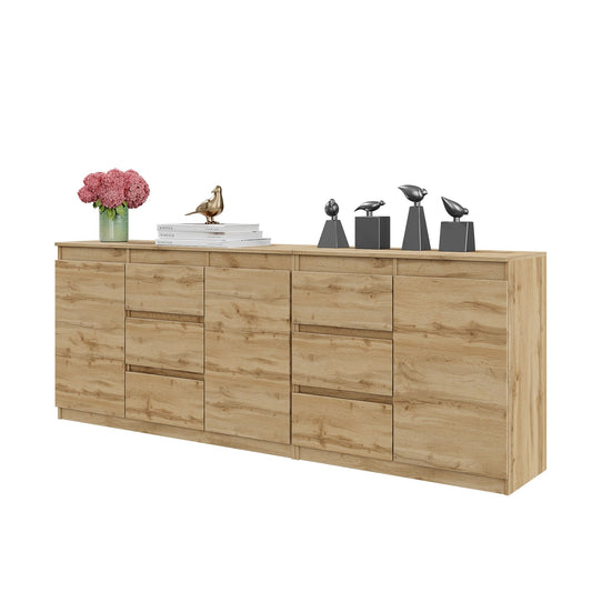 MIKEL - Kommode mit 6 Schubladen und 3 Türen - Schlafzimmer Kommode Aufbewahrung Schrank Sideboard - Wotan Eiche H75cm B200cm T35cm