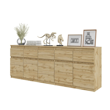 NOAH - Kommode mit 5 Schubladen und 5 Türen - Schlafzimmer Kommode Aufbewahrung Schrank Sideboard - Wotan Eiche H75cm B200cm T35cm