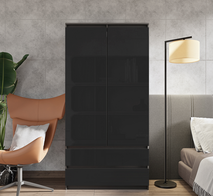 JOELLE - Kleiderschrank mit 2 Türen und 2 Schubladen -  Anthrazit / Schwarz Gloss H180cm B90cm T50cm