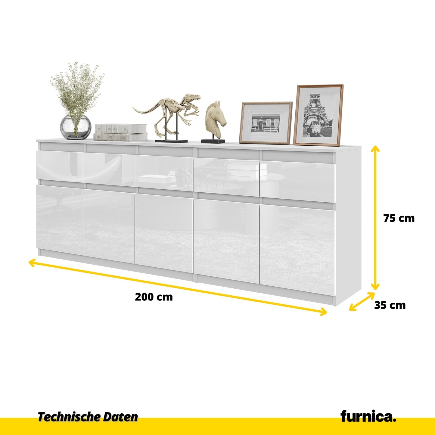 NOAH - Kommode mit 5 Schubladen und 5 Türen - Schlafzimmer Kommode Aufbewahrung Schrank Sideboard - Weiß Matt / Weiß Glanz H75cm B200cm T35cm