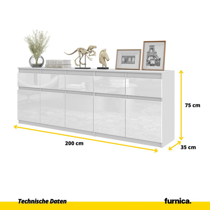 NOAH - Kommode mit 5 Schubladen und 5 Türen - Schlafzimmer Kommode Aufbewahrung Schrank Sideboard - Weiß Matt / Weiß Glanz H75cm B200cm T35cm
