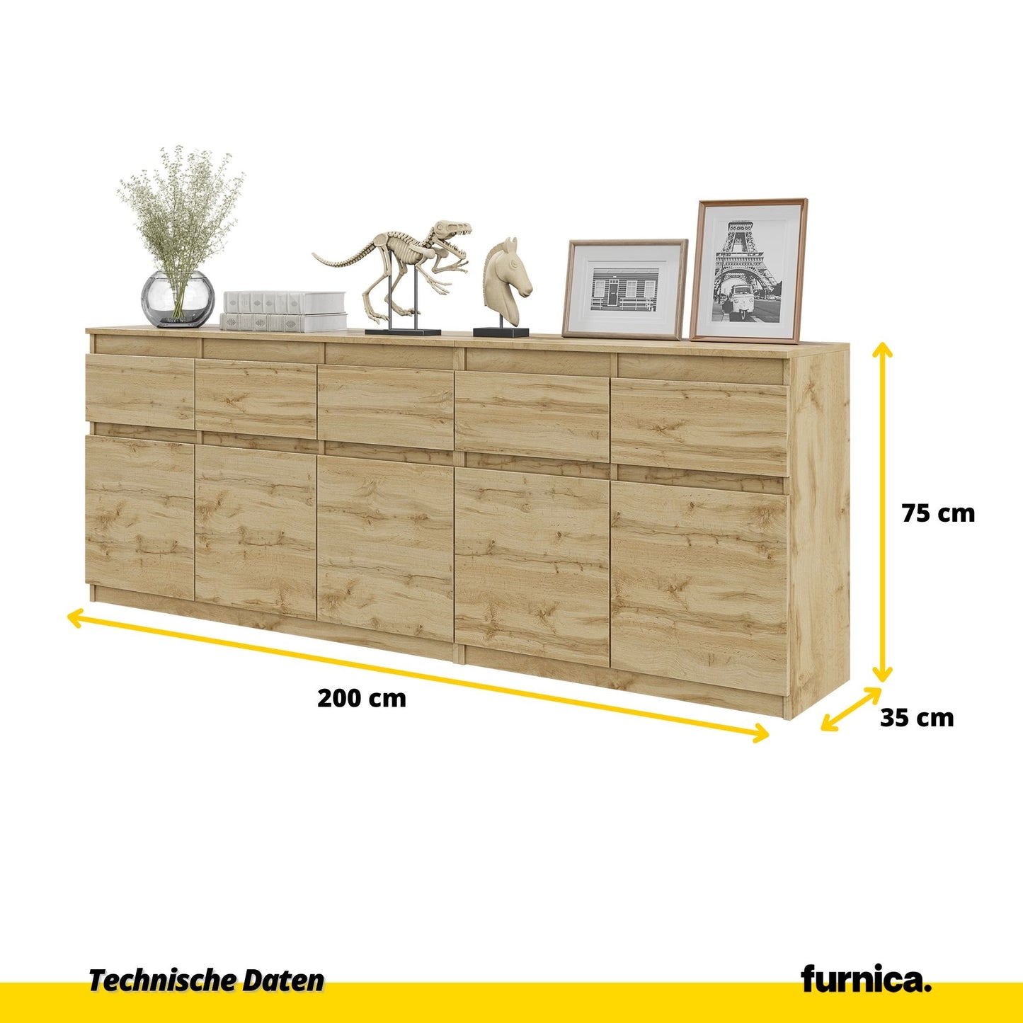 NOAH - Kommode mit 5 Schubladen und 5 Türen - Schlafzimmer Kommode Aufbewahrung Schrank Sideboard - Wotan Eiche H75cm B200cm T35cm