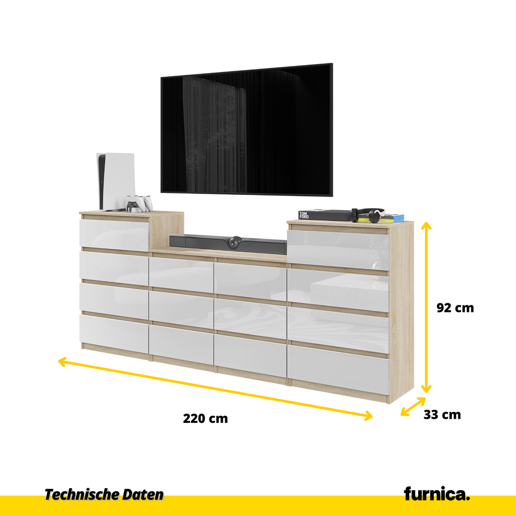 GABRIEL - Kommode / Sideboard mit 14 Schubladen (4+6+4) - Sonoma Eiche / Weiß Gloss H92/70cm B220cm T33cm