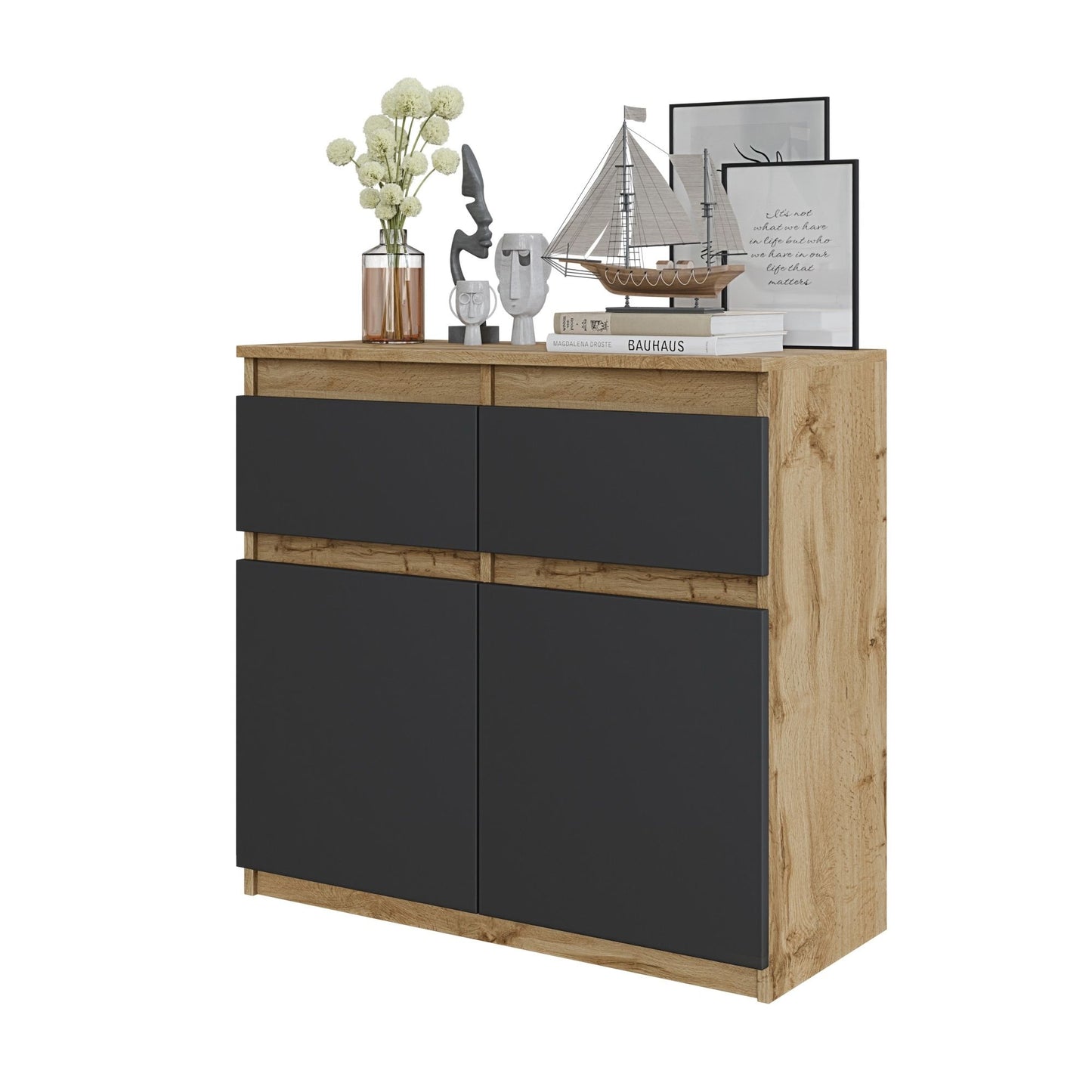 NOAH - Kommode / Sideboard mit 2 Schubladen und 2 Türen - Wotan Eiche / Anthrazit Grau H75cm B80cm T35cm