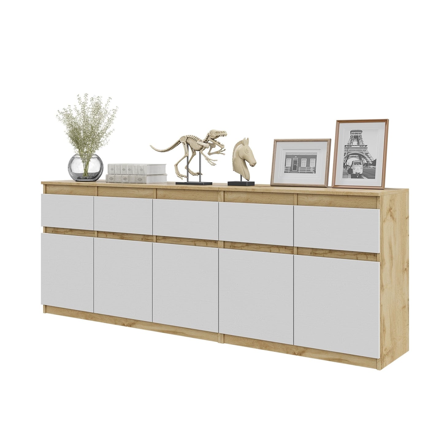 NOAH - Kommode mit 5 Schubladen und 5 Türen - Schlafzimmer Kommode Aufbewahrung Schrank Sideboard - Wotan Eiche / Weiß Matt H75cm B200cm T35cm