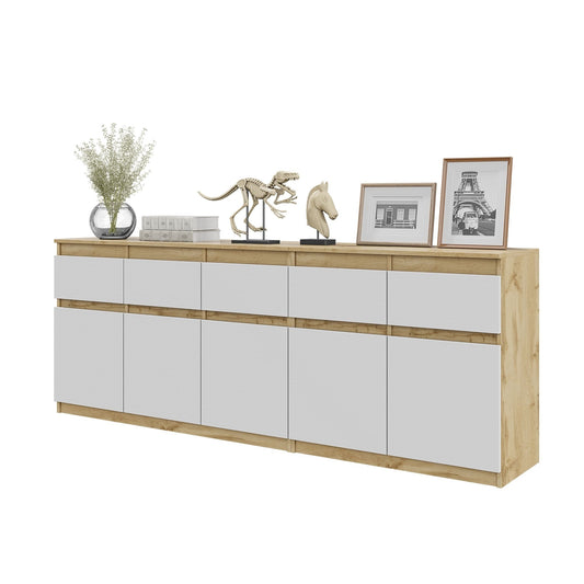 NOAH - Kommode mit 5 Schubladen und 5 Türen - Schlafzimmer Kommode Aufbewahrung Schrank Sideboard - Wotan Eiche / Weiß Matt H75cm B200cm T35cm