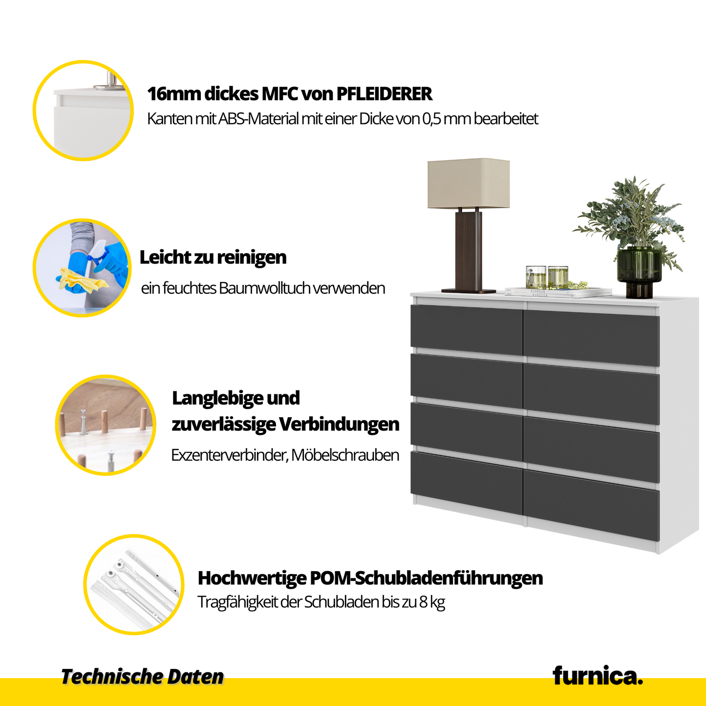 GABRIEL - Kommode / Sideboard mit 8 Schubladen - Weiß Matt / Anthrazit H92cm B120cm T33cm