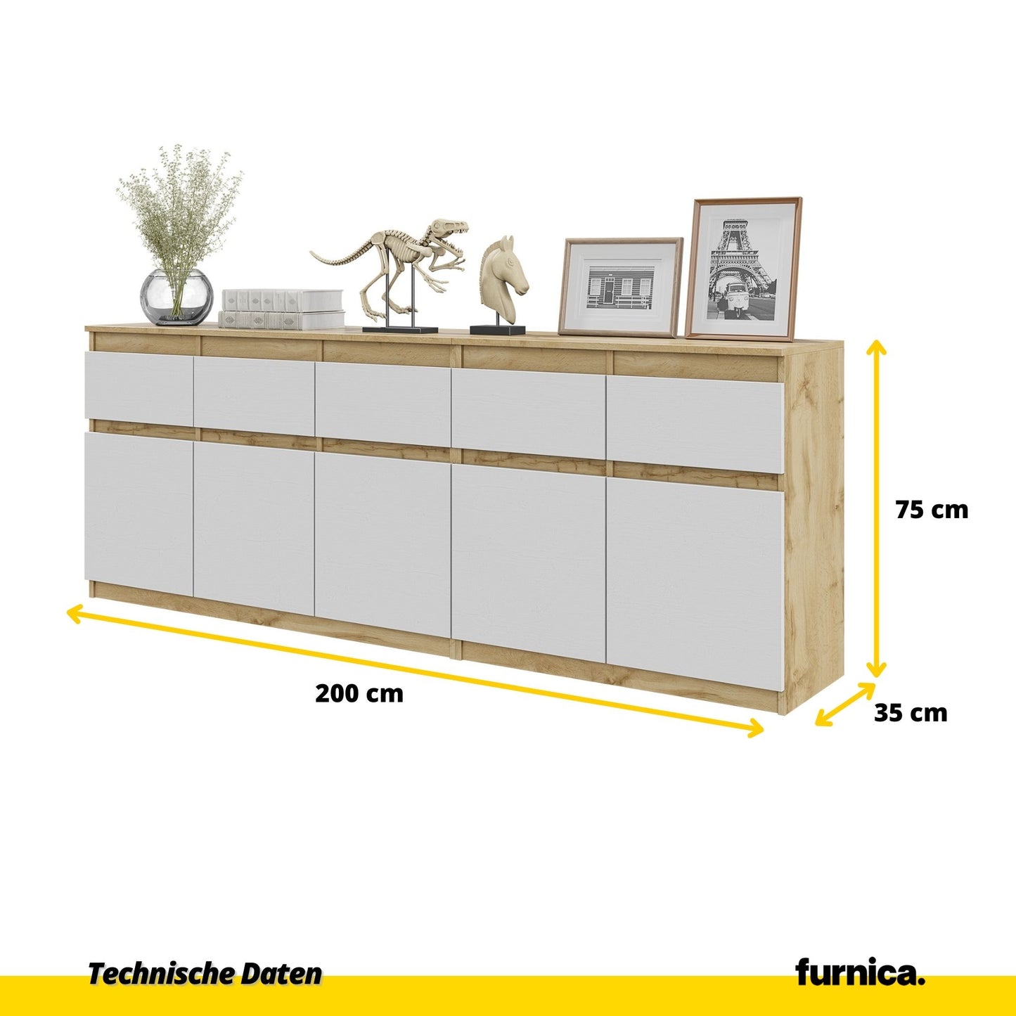 NOAH - Kommode mit 5 Schubladen und 5 Türen - Schlafzimmer Kommode Aufbewahrung Schrank Sideboard - Wotan Eiche / Weiß Matt H75cm B200cm T35cm