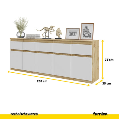 NOAH - Kommode mit 5 Schubladen und 5 Türen - Schlafzimmer Kommode Aufbewahrung Schrank Sideboard - Wotan Eiche / Weiß Matt H75cm B200cm T35cm