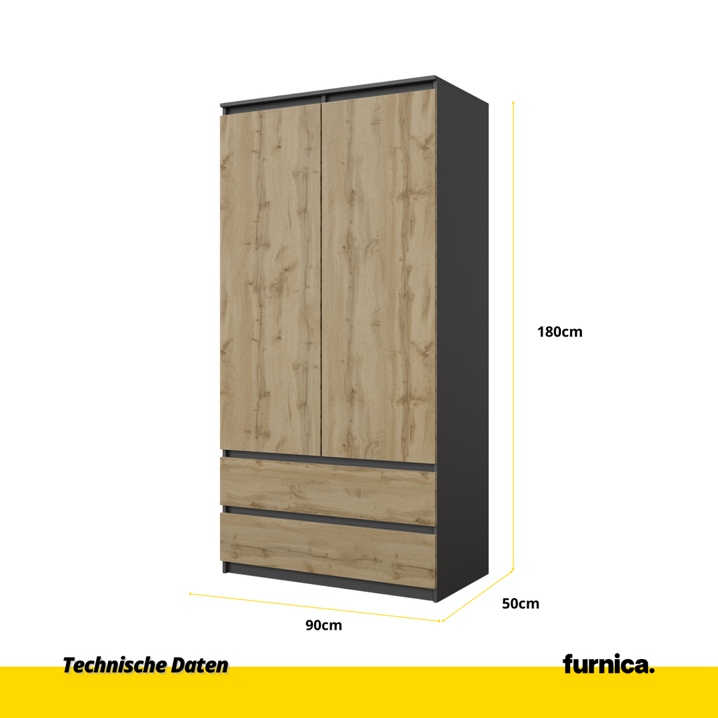 JOELLE - Kleiderschrank mit 2 Türen und 2 Schubladen - Anthrazit Grau / Wotan Eiche H180cm B90cm T50cm
