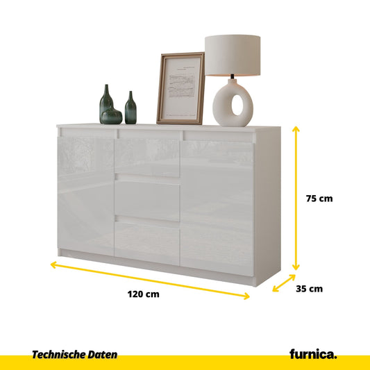 MIKEL - Kommode / Sideboard mit 3 Schubladen und 2 Türen - Weiß Matt / Weiß Gloss H75cm B120cm T35cm