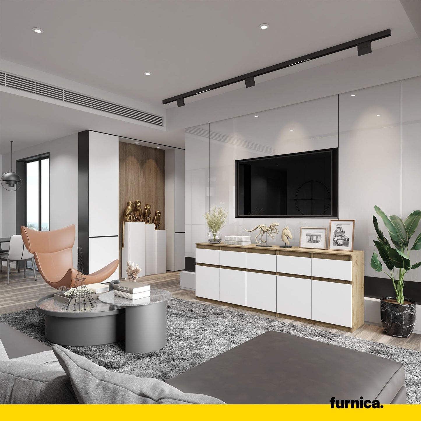 NOAH - Kommode mit 5 Schubladen und 5 Türen - Schlafzimmer Kommode Aufbewahrung Schrank Sideboard - Wotan Eiche / Weiß Matt H75cm B200cm T35cm