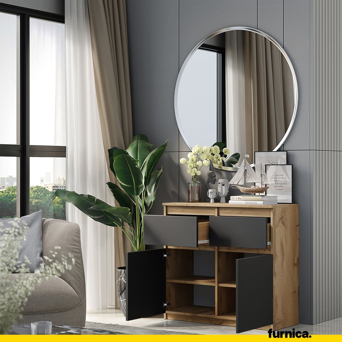 NOAH - Kommode / Sideboard mit 2 Schubladen und 2 Türen - Wotan Eiche / Anthrazit Grau H75cm B80cm T35cm