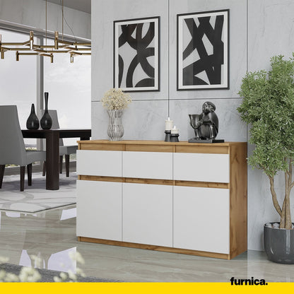 NOAH - Kommode / Sideboard mit 3 Schubladen und 3 Türen - Wotan Eiche / Weiß Matt H75cm B120cm T35cm