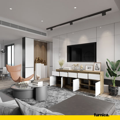 NOAH - Kommode mit 5 Schubladen und 5 Türen - Schlafzimmer Kommode Aufbewahrung Schrank Sideboard - Wotan Eiche / Weiß Matt H75cm B200cm T35cm