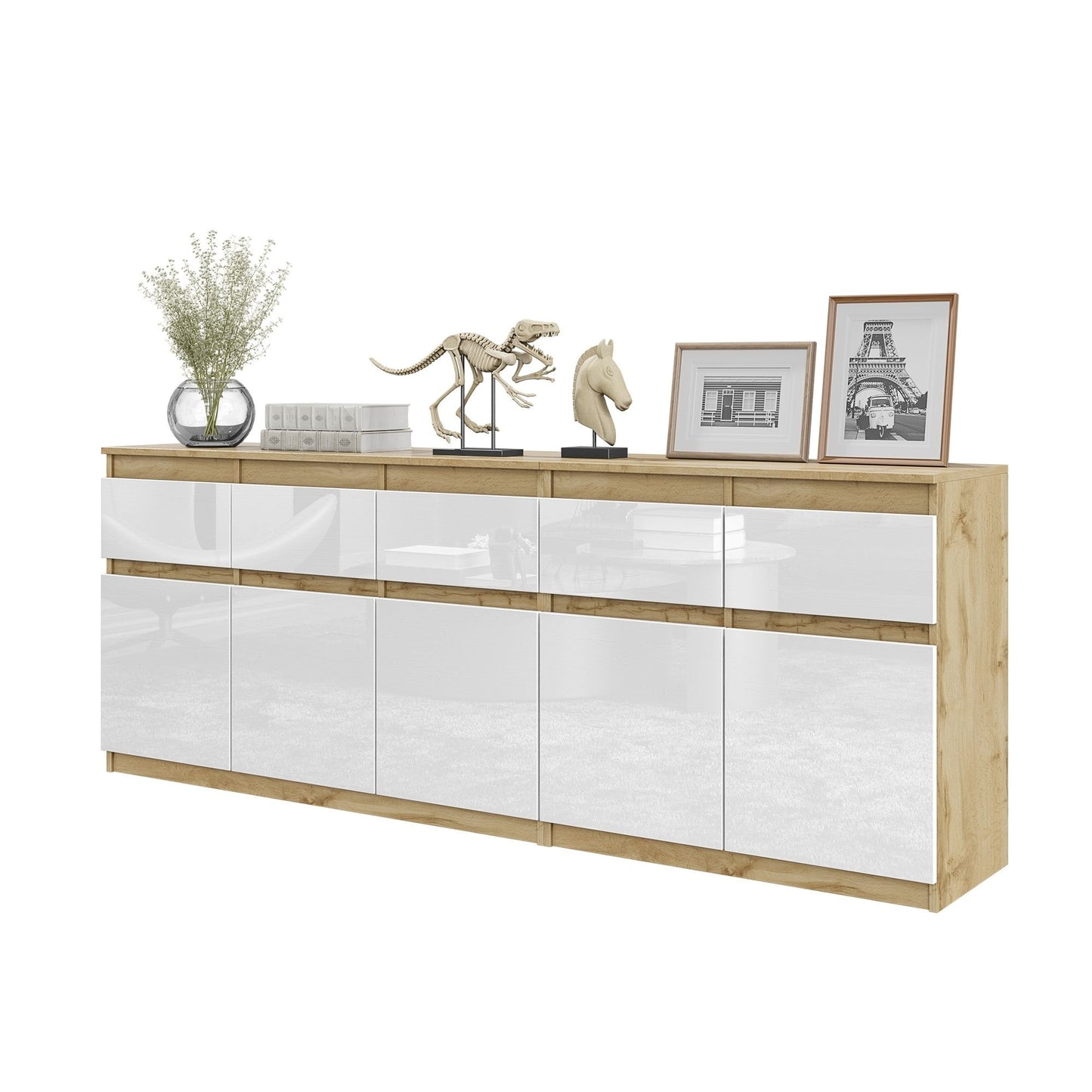 NOAH - Kommode mit 5 Schubladen und 5 Türen - Schlafzimmer Kommode Aufbewahrung Schrank Sideboard - Wotan Eiche / Weiß Glanz H75cm B200cm T35cm