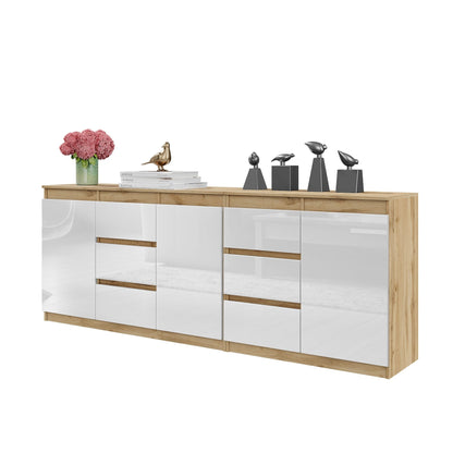 MIKEL - Kommode mit 6 Schubladen und 3 Türen - Schlafzimmer Kommode Aufbewahrung Schrank Sideboard - Wotan Eiche / Weiß Glanz H75cm B200cm T35cm