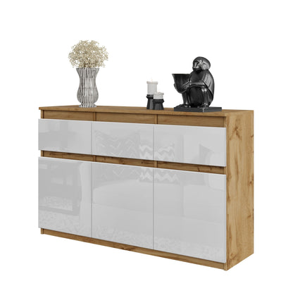 NOAH - Kommode / Sideboard mit 3 Schubladen und 3 Türen - Wotan Eiche / Weiß Gloss H75cm B120cm T35cm
