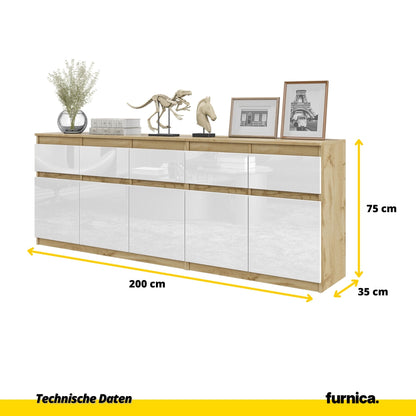 NOAH - Kommode mit 5 Schubladen und 5 Türen - Schlafzimmer Kommode Aufbewahrung Schrank Sideboard - Wotan Eiche / Weiß Glanz H75cm B200cm T35cm