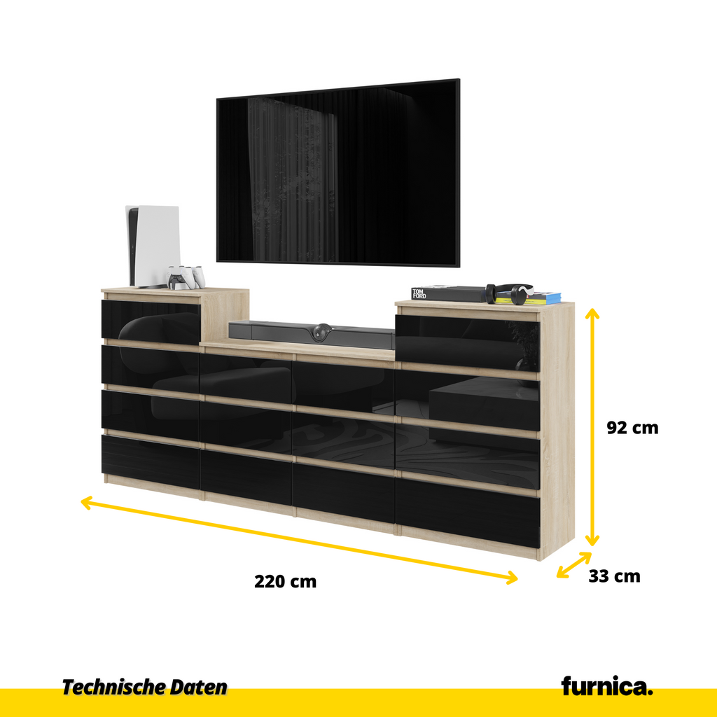 GABRIEL - Kommode / Sideboard mit 14 Schubladen (4+6+4) - Sonoma Eiche / Schwarz Gloss H92/70cm B220cm T33cm