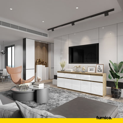 NOAH - Kommode mit 5 Schubladen und 5 Türen - Schlafzimmer Kommode Aufbewahrung Schrank Sideboard - Wotan Eiche / Weiß Glanz H75cm B200cm T35cm