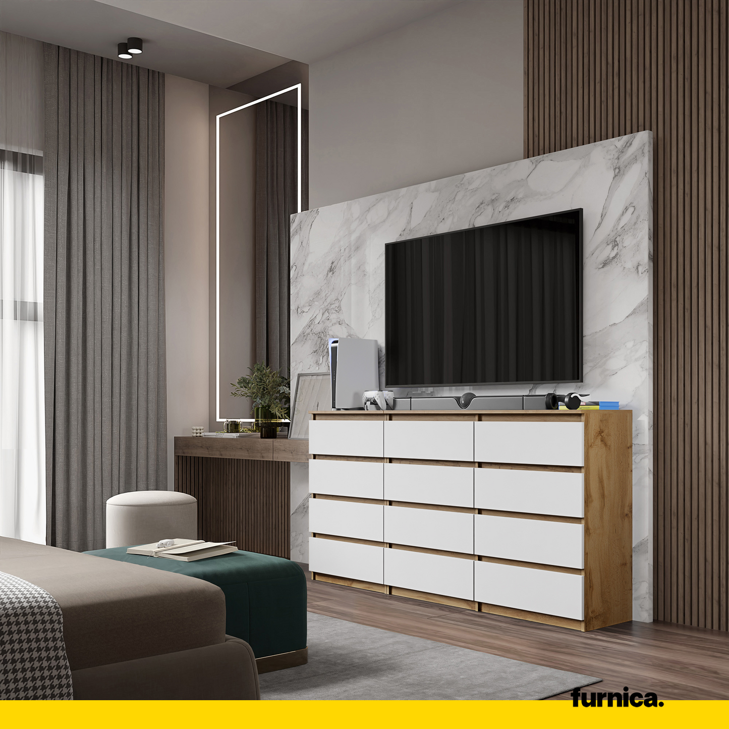 GABRIEL - Kommode / Sideboard mit 12 Schubladen (8+4) - Wotan Eiche / Weiß Matt H92cm B180cm T33cm