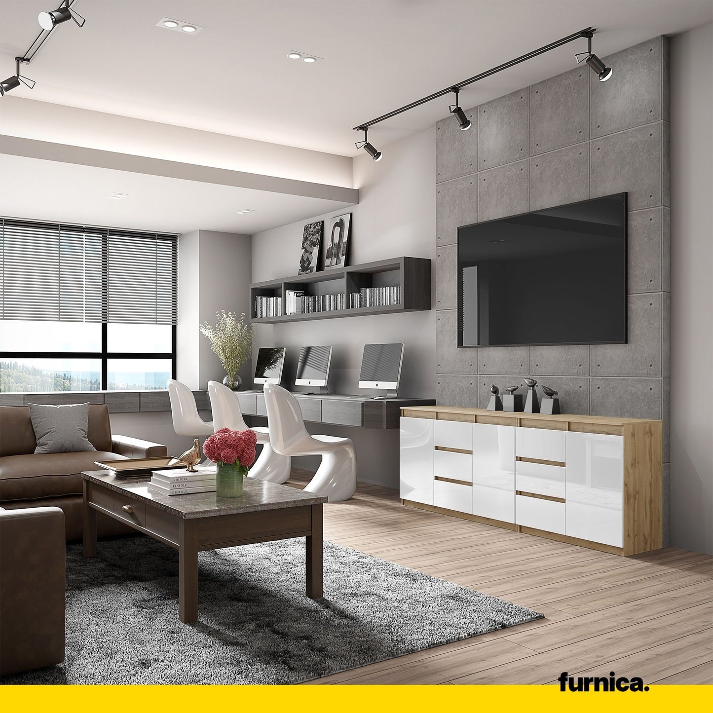 MIKEL - Kommode mit 6 Schubladen und 3 Türen - Schlafzimmer Kommode Aufbewahrung Schrank Sideboard - Wotan Eiche / Weiß Glanz H75cm B200cm T35cm