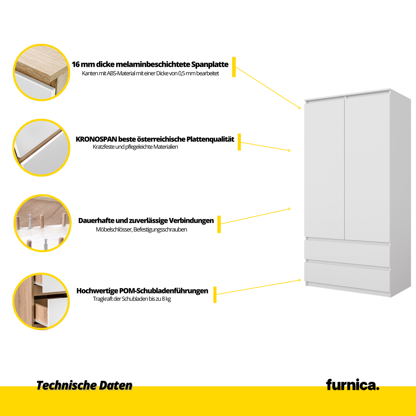 JOELLE - Kleiderschrank mit 2 Türen und 2 Schubladen - Weiß Matt H180cm B90cm T50cm