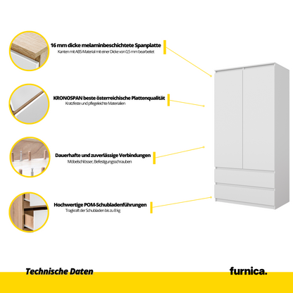 JOELLE - Kleiderschrank mit 2 Türen und 2 Schubladen - Weiß Matt H180cm B90cm T50cm