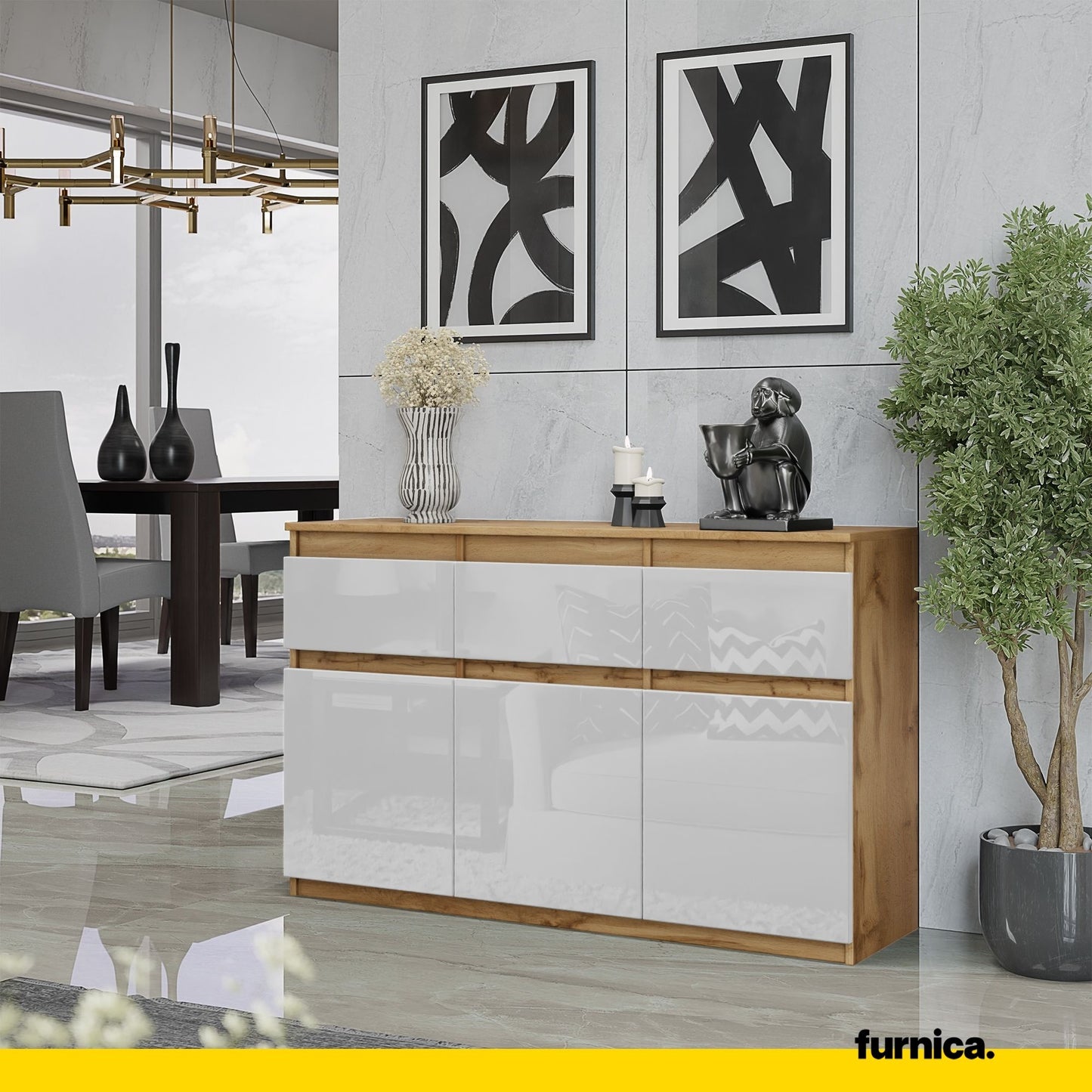 NOAH - Kommode / Sideboard mit 3 Schubladen und 3 Türen - Wotan Eiche / Weiß Gloss H75cm B120cm T35cm