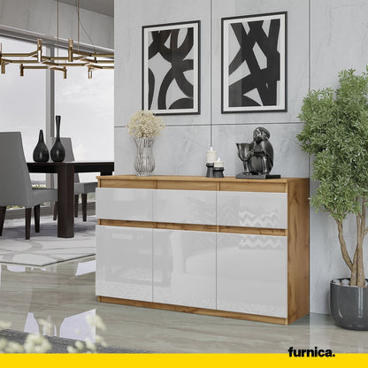 NOAH - Kommode / Sideboard mit 3 Schubladen und 3 Türen - Wotan Eiche / Weiß Gloss H75cm B120cm T35cm