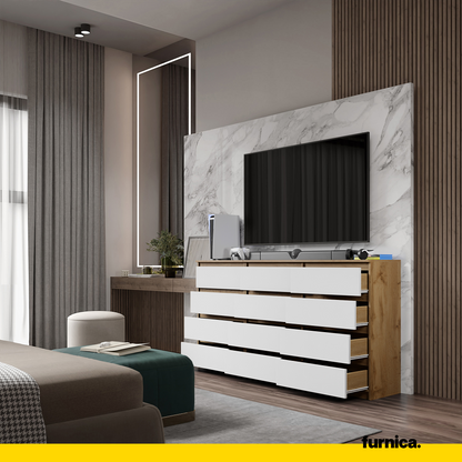 GABRIEL - Kommode / Sideboard mit 12 Schubladen (8+4) - Wotan Eiche / Weiß Matt H92cm B180cm T33cm