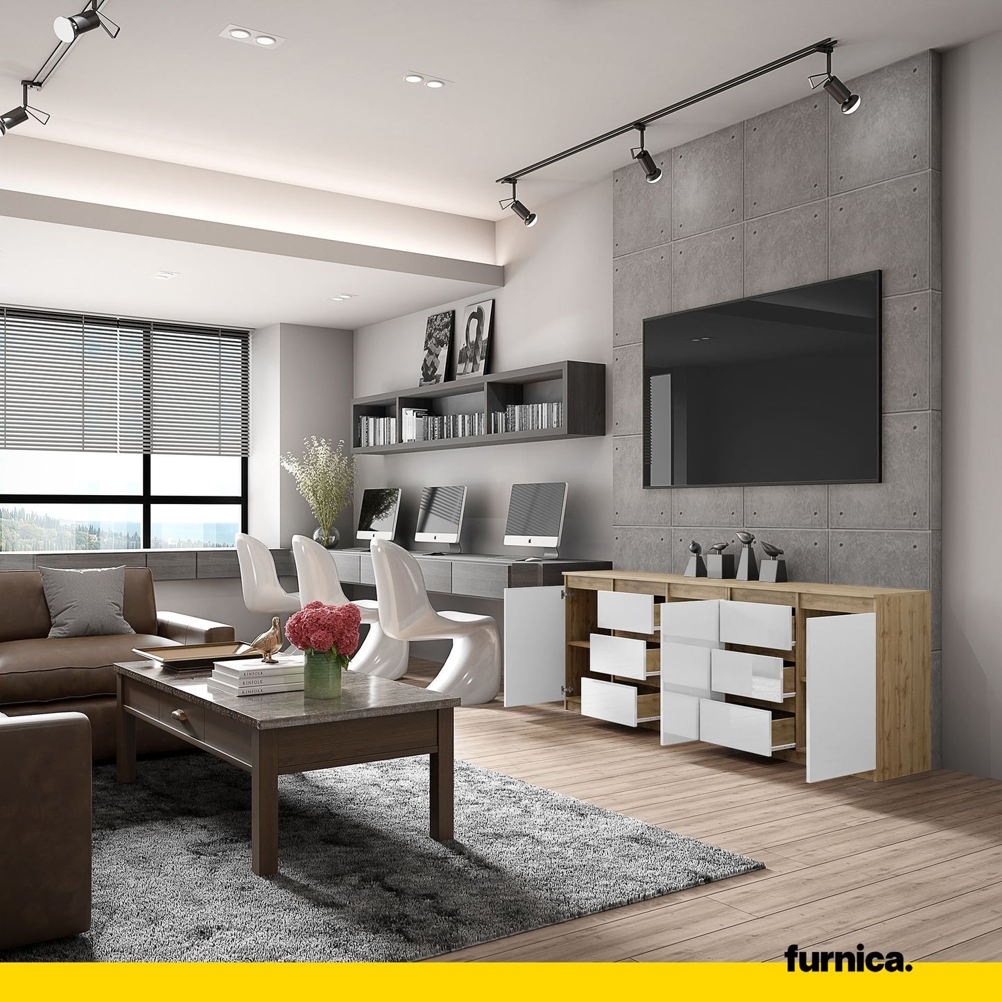 MIKEL - Kommode mit 6 Schubladen und 3 Türen - Schlafzimmer Kommode Aufbewahrung Schrank Sideboard - Wotan Eiche / Weiß Glanz H75cm B200cm T35cm