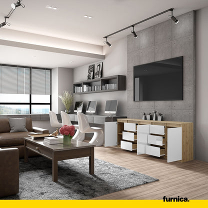 MIKEL - Kommode mit 6 Schubladen und 3 Türen - Schlafzimmer Kommode Aufbewahrung Schrank Sideboard - Wotan Eiche / Weiß Glanz H75cm B200cm T35cm