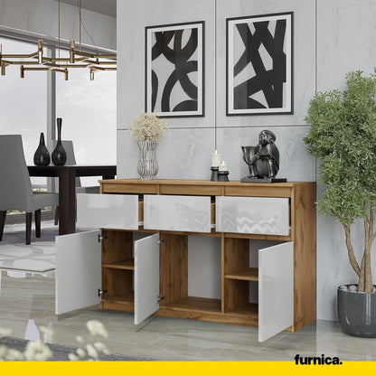 NOAH - Kommode / Sideboard mit 3 Schubladen und 3 Türen - Wotan Eiche / Weiß Gloss H75cm B120cm T35cm