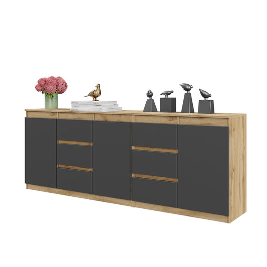 MIKEL - Kommode mit 6 Schubladen und 3 Türen - Schlafzimmer Kommode Aufbewahrung Schrank Sideboard - Wotan Eiche / Anthrazit H75cm B200cm T35cm