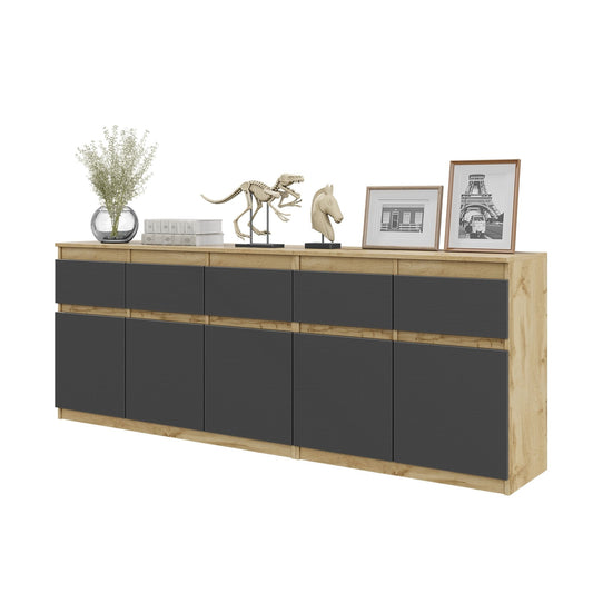 NOAH - Kommode mit 5 Schubladen und 5 Türen - Schlafzimmer Kommode Aufbewahrung Schrank Sideboard - Wotan Eiche / Anthrazit H75cm B200cm T35cm