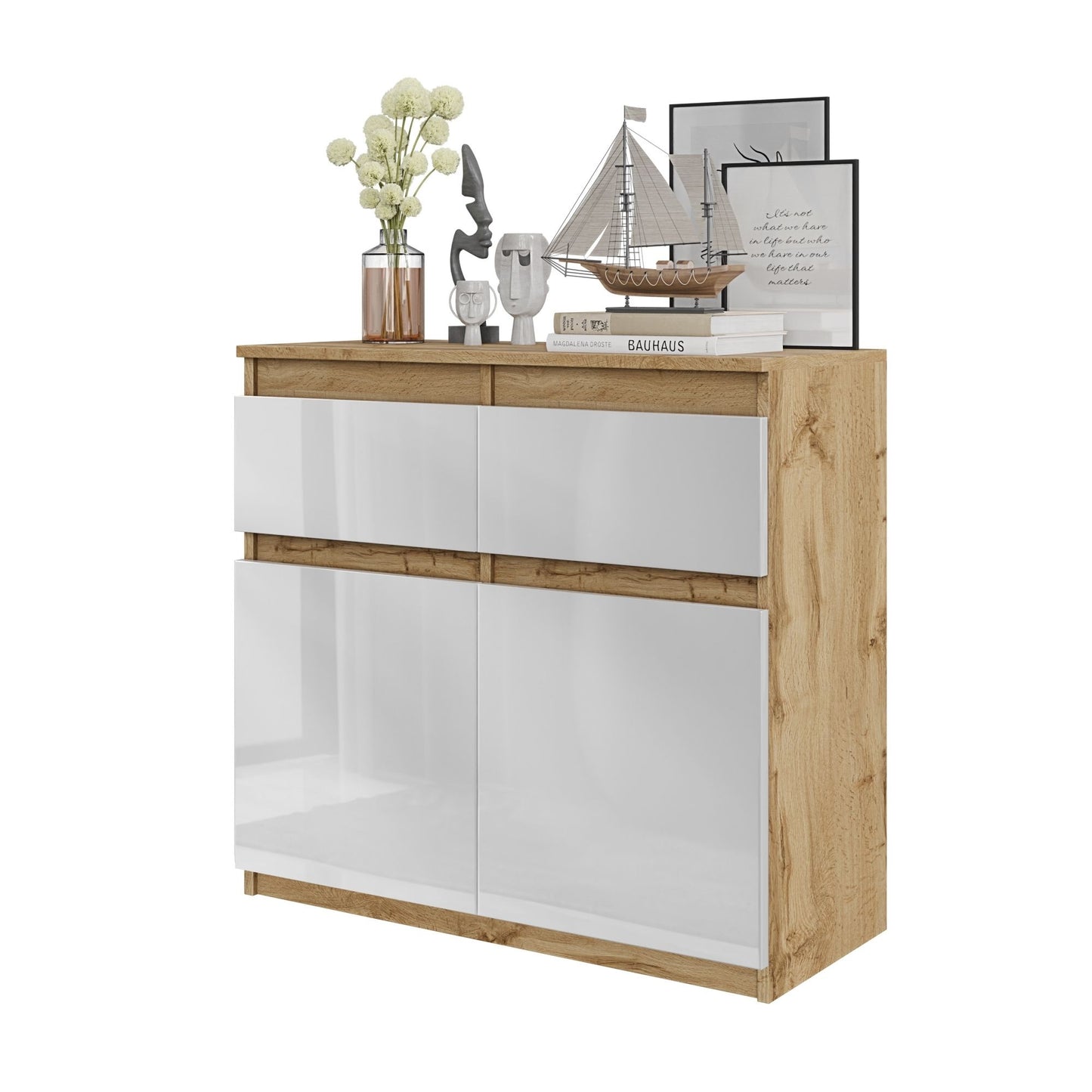 NOAH - Kommode / Sideboard mit 2 Schubladen und 2 Türen - Wotan Eiche / Weiß Gloss H75cm B80cm T35cm
