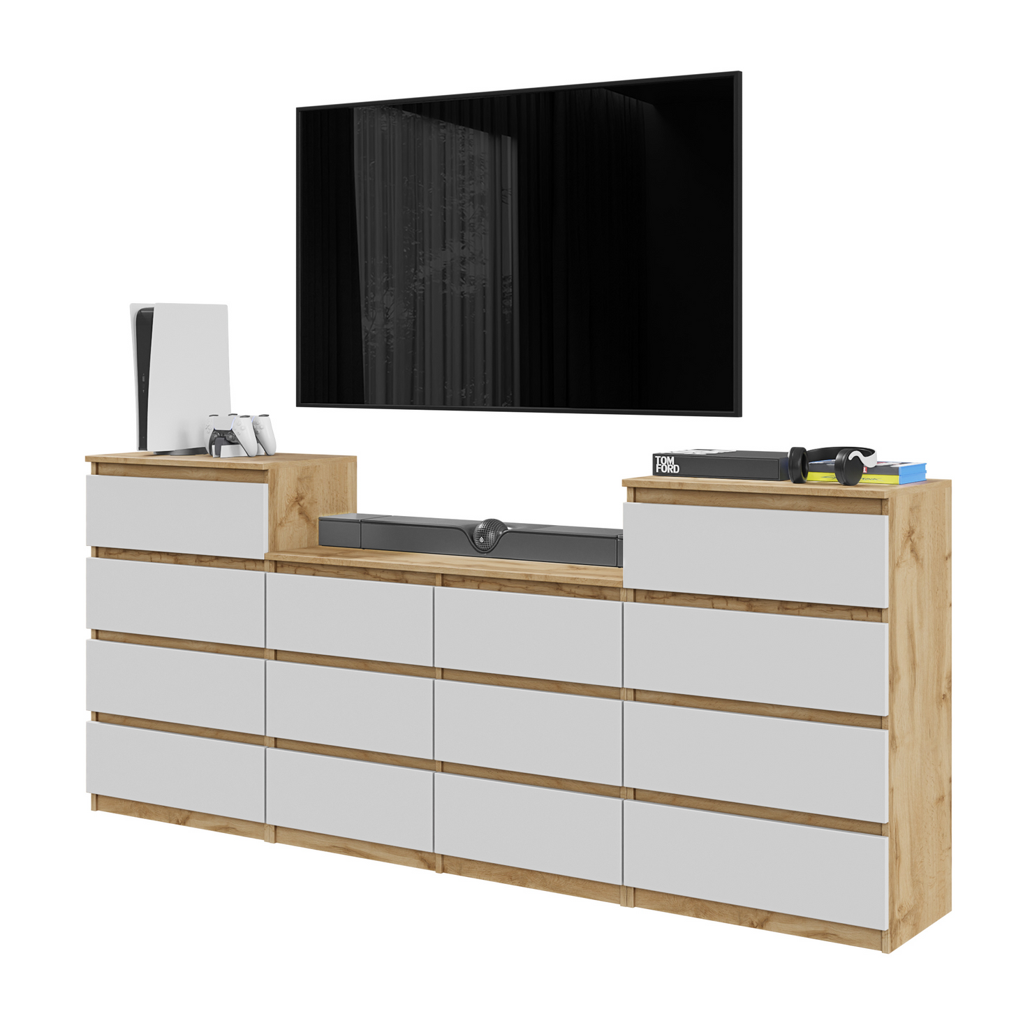 GABRIEL - Kommode / Sideboard mit 14 Schubladen (4+6+4) - Wotan Eiche / Weiß Matt H92/70cm B220cm T33cm