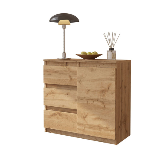 MIKEL - Kommode / Sideboard mit 3 Schubladen und 1 Tür - Wotan Eiche H75cm B80cm T35cm