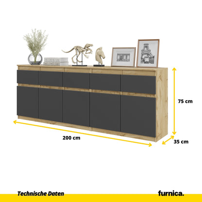 NOAH - Kommode mit 5 Schubladen und 5 Türen - Schlafzimmer Kommode Aufbewahrung Schrank Sideboard - Wotan Eiche / Anthrazit H75cm B200cm T35cm