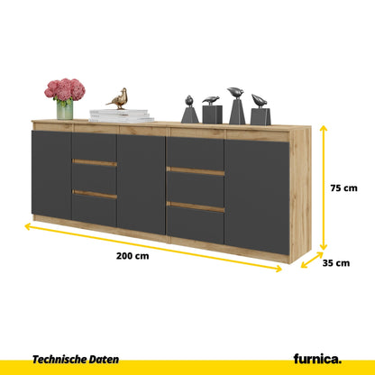 MIKEL - Kommode mit 6 Schubladen und 3 Türen - Schlafzimmer Kommode Aufbewahrung Schrank Sideboard - Wotan Eiche / Anthrazit H75cm B200cm T35cm