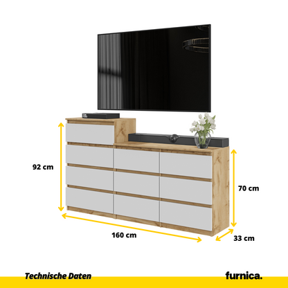 GABRIEL - Kommode / Sideboard mit 10 Schubladen (6+4) - Wotan Eiche / Weiß Matt H92/70cm B160cm T33cm