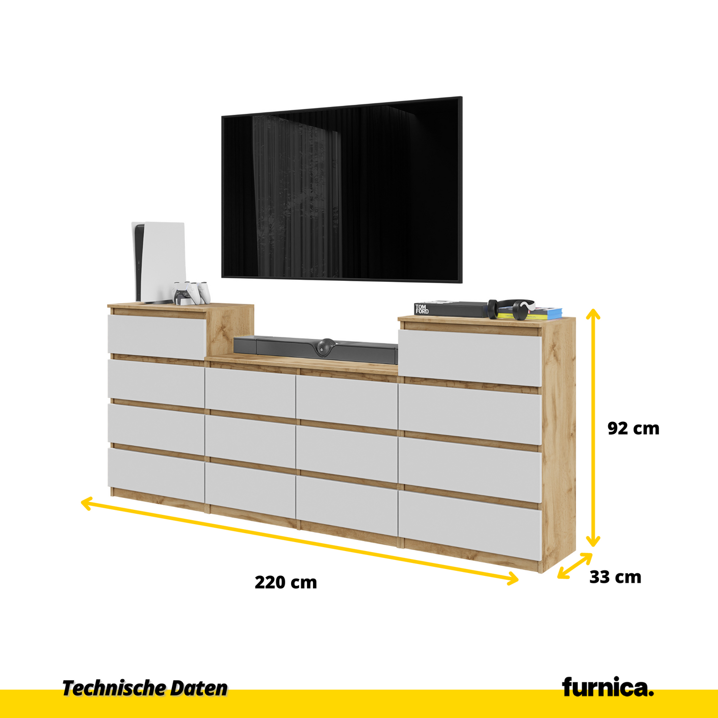 GABRIEL - Kommode / Sideboard mit 14 Schubladen (4+6+4) - Wotan Eiche / Weiß Matt H92/70cm B220cm T33cm