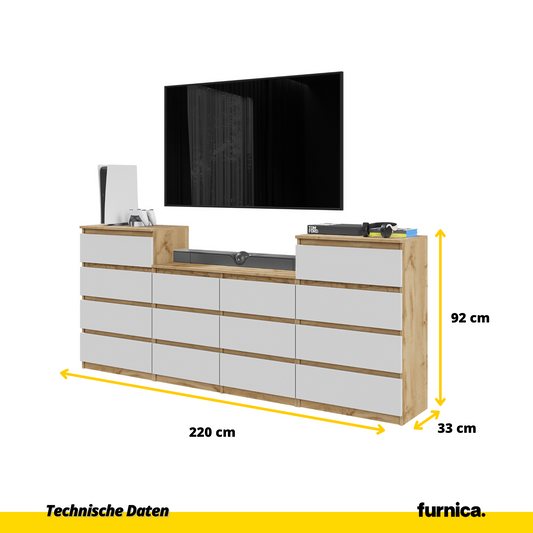GABRIEL - Kommode / Sideboard mit 14 Schubladen (4+6+4) - Wotan Eiche / Weiß Matt H92/70cm B220cm T33cm